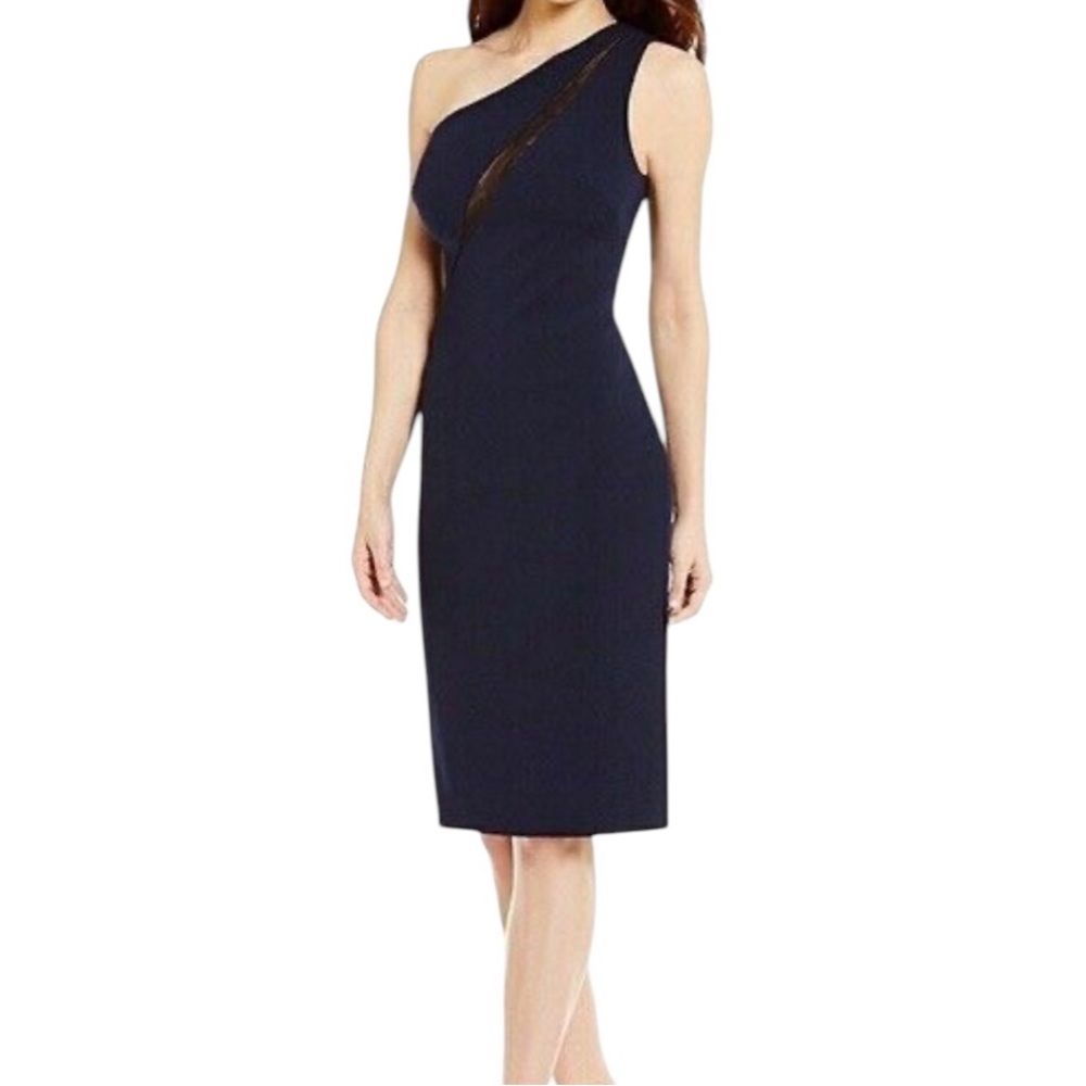 Antonio Melani Navy Blue with Black mesh Insets One-Shoulder Sheath Dres…